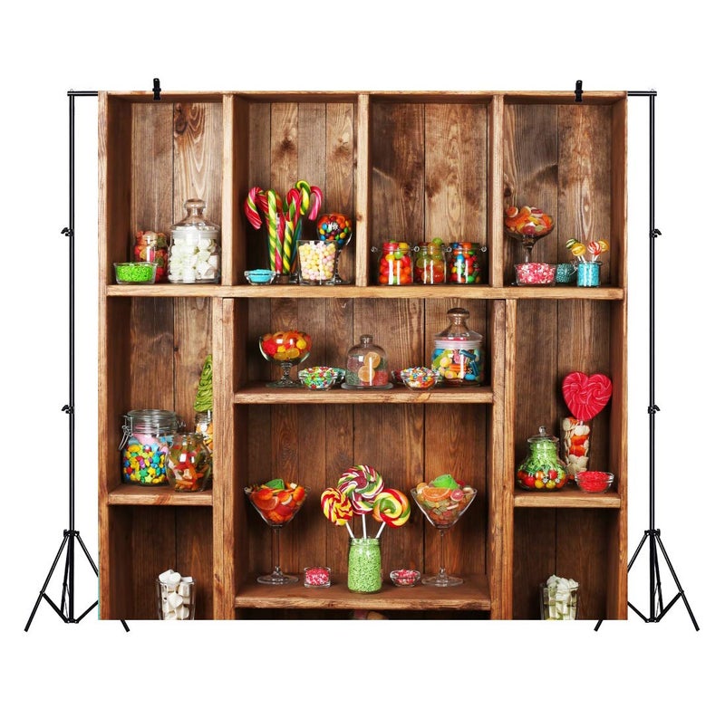AOFOTO 6x6ft Sweet Candy Shop Backdrop Rustic Candy Bar Candies Lollipop Wooden Shelves Background for Photography Candyland Dessert Theme Party Decoration Vinyl Wallpaper Kids Portrait Photo Props - Image 3